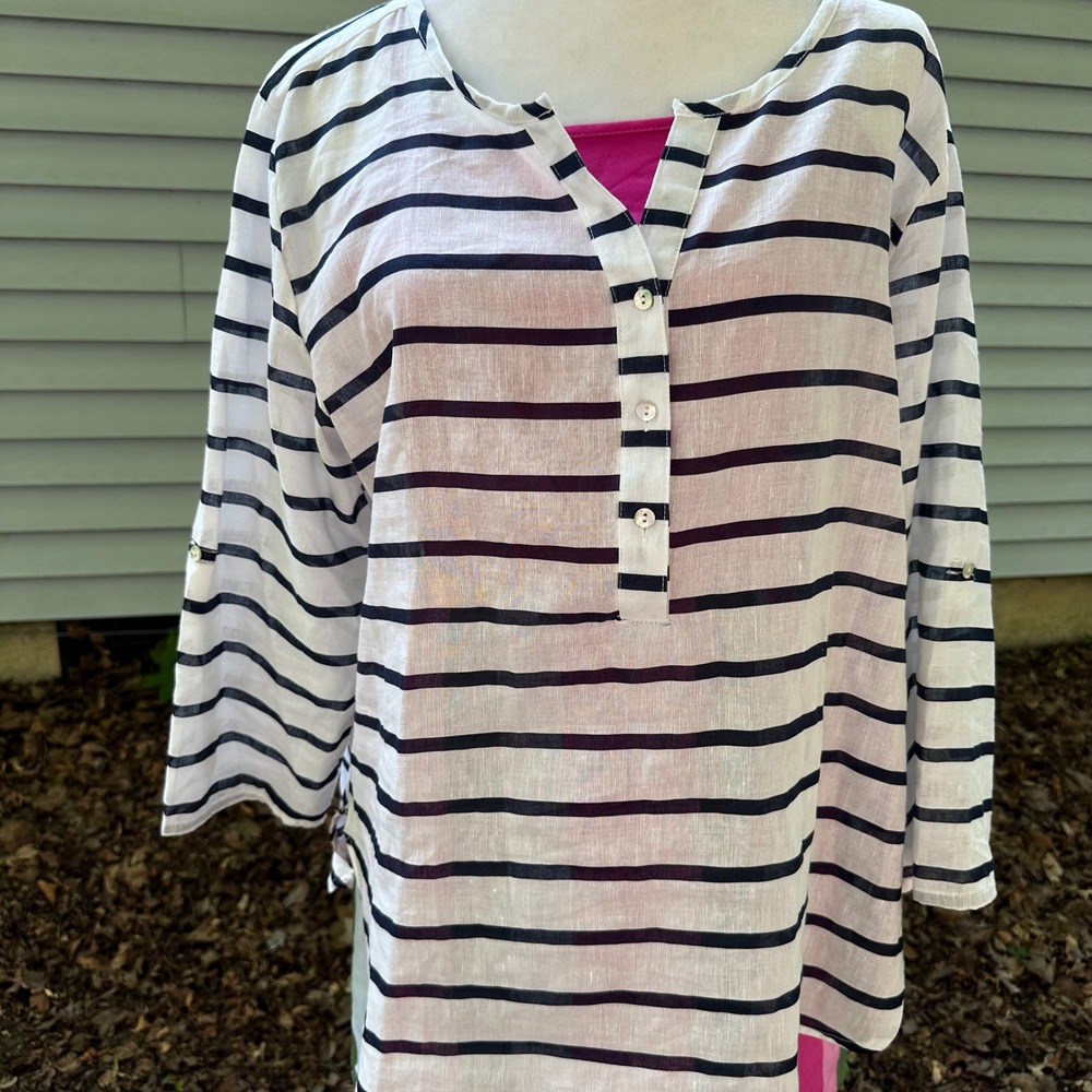 Hester & Orchard Linen Blend Tunic Top B&W Striped 3/4 Sleeve Button Up Size L